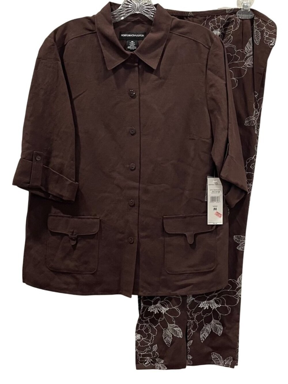 Norton McNaughton Linen Set Button Up Shirt M Embroidered Pants XL Brown New Y2K